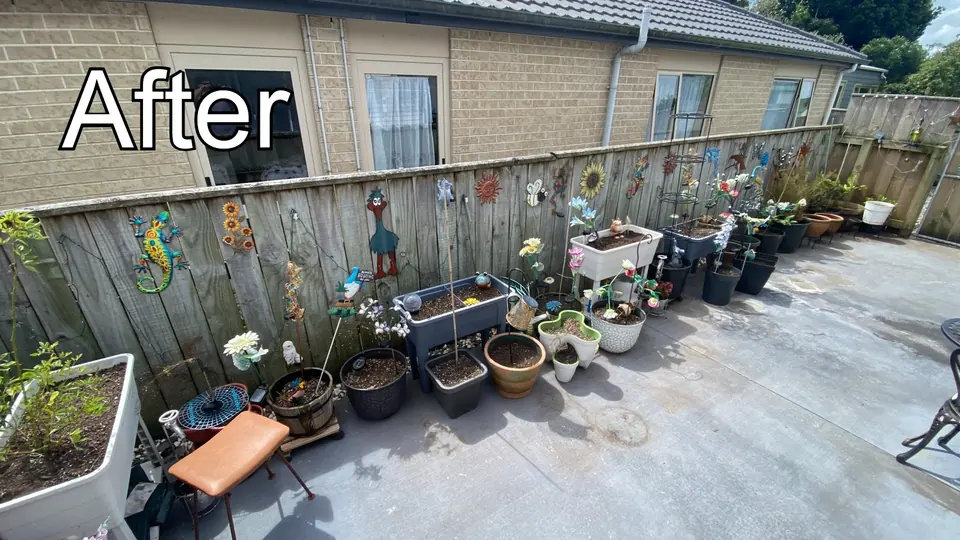 After: the same courtyard cleared and swept, with the pots cut back and set out in order along the fence